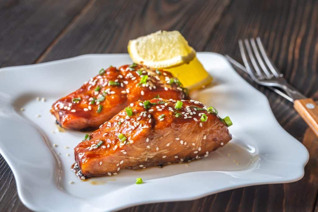 Teriyaki salmon on the white plate